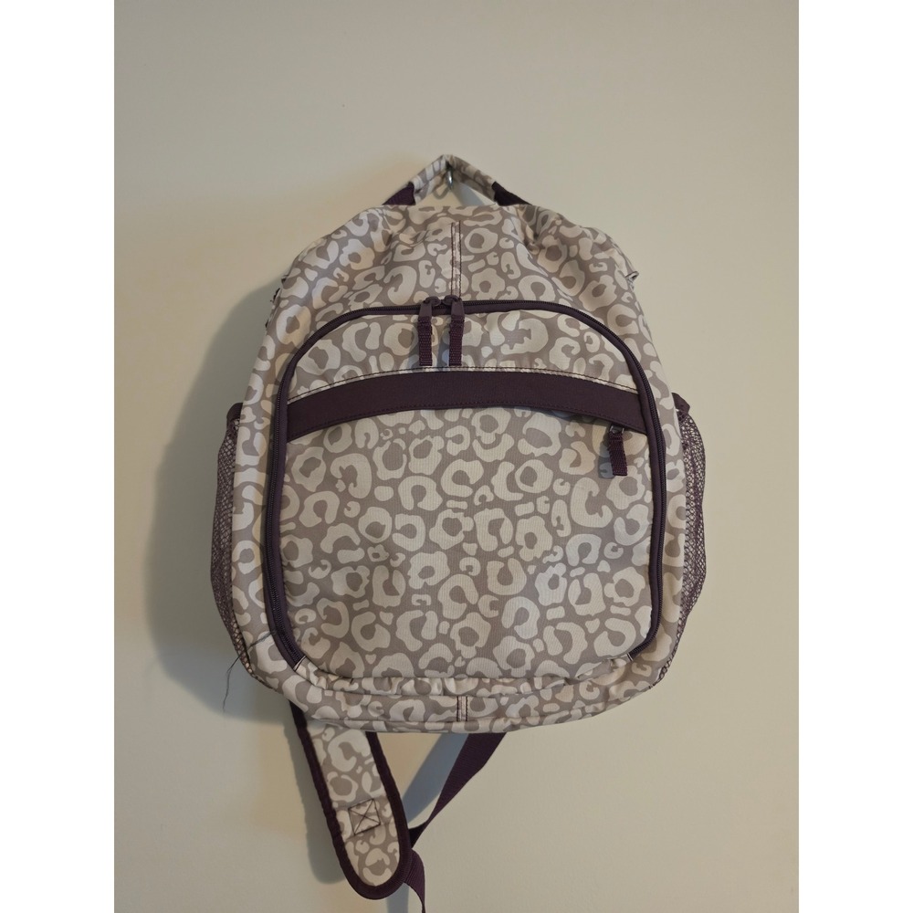 Thirty-One Camera Bag Sling Backpack Grey Purple Leopard Print Canvas Travel OS